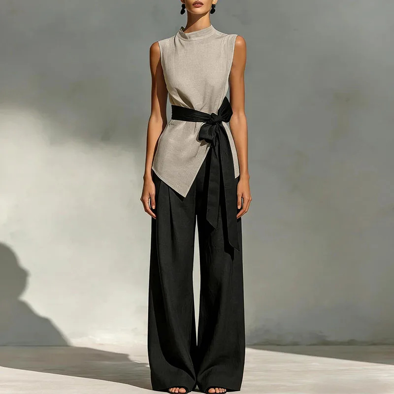 Womens Lace-Up Sleeveless Top And Wide-Leg Pants Two-Piece Set - Image 6