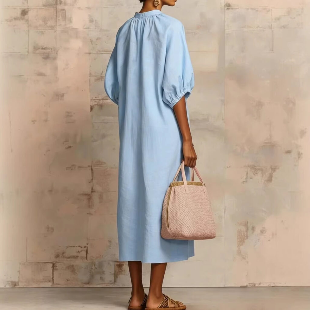 Womens Solid-Colored Cotton-Linen Loose-Fit Casual Puff-Sleeve Dress