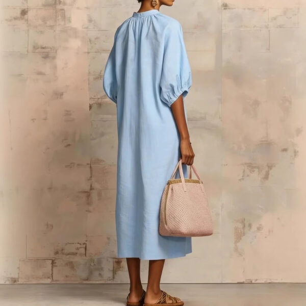Womens Solid-Colored Cotton-Linen Loose-Fit Casual Puff-Sleeve Dress - Image 4