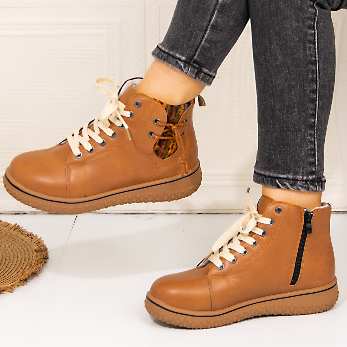 PU Casual Shoes With Front Laces, Winter Cotton Boots - Image 15