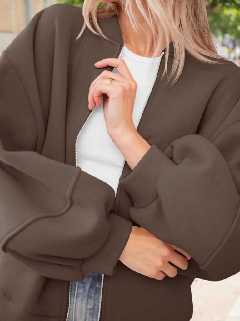 Fisoew Womens Zip Up Sweatshirt Casual Bomber Jacket Lantern Sleeve Oversized Jacket Fall Outfits 2025