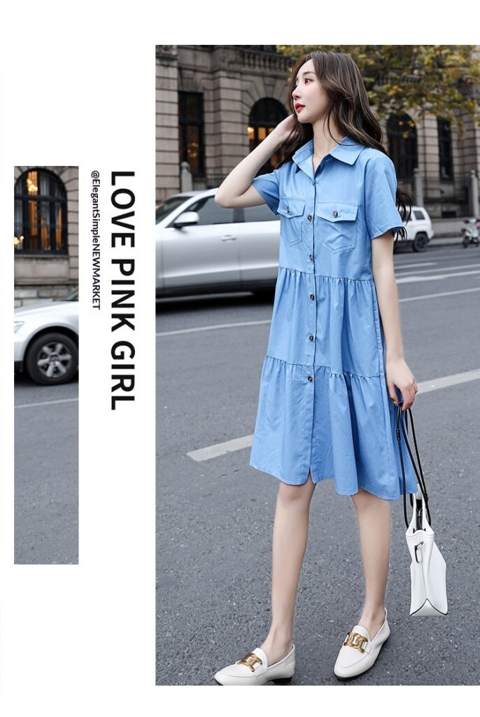 Single-breasted Pocketed Short-sleeve Denim Dress