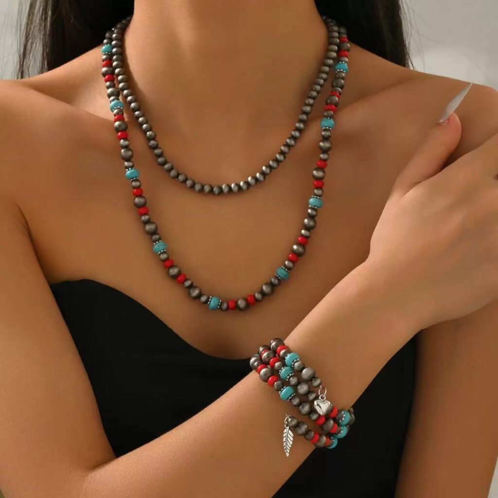 Cross-border New Earrings And Necklace 2-piece Set Fashion Turquoise Beaded Earrings And Necklace