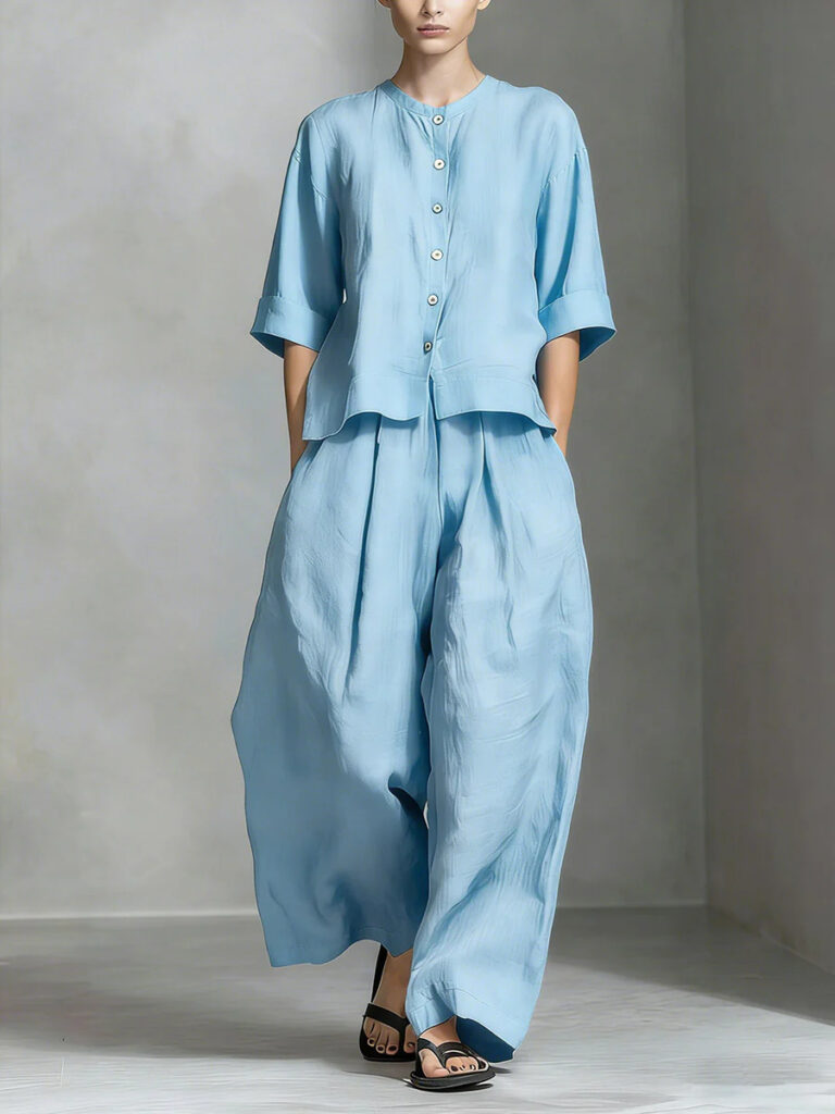 Solid-color Cotton-linen Shirt And Loose-fitting Trousers Two-piece Set