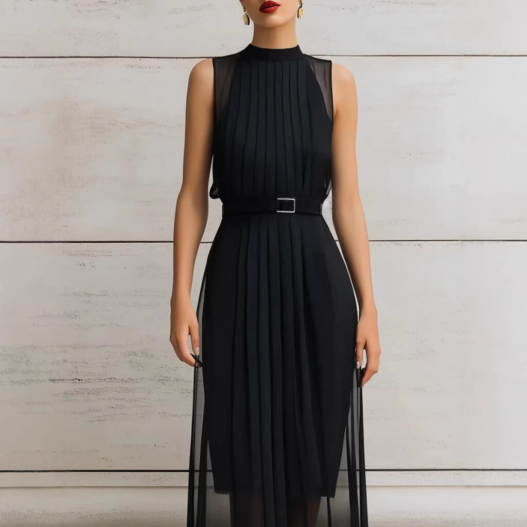 Womens Black Mesh-Panel High-Neck Sleeveless Dress