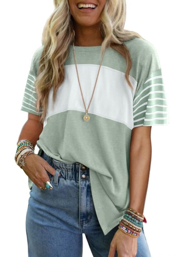 Women's New Style Crew Neck Pullover Casual Striped Color-Block Short-Sleeved T-Shirt - Image 4