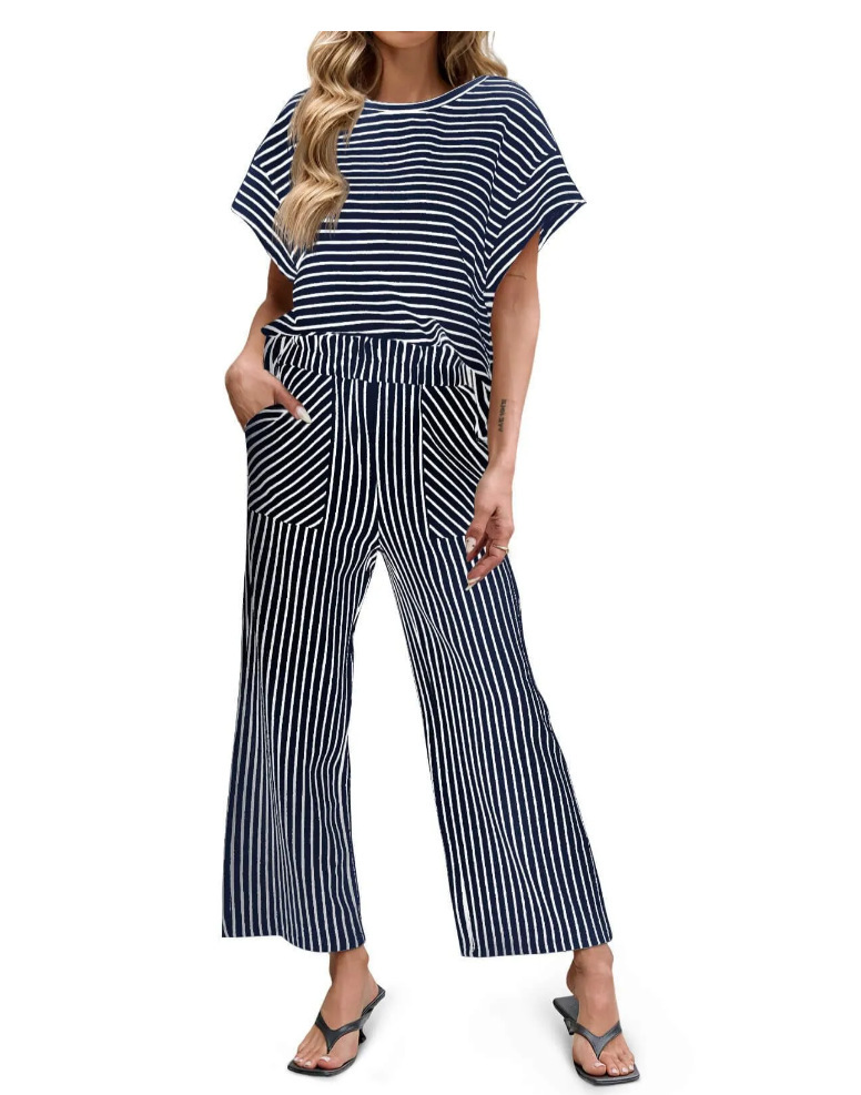 Womens Striped Short-Sleeve T-Shirt And Wide-Leg Pants Set With Pockets - Image 7