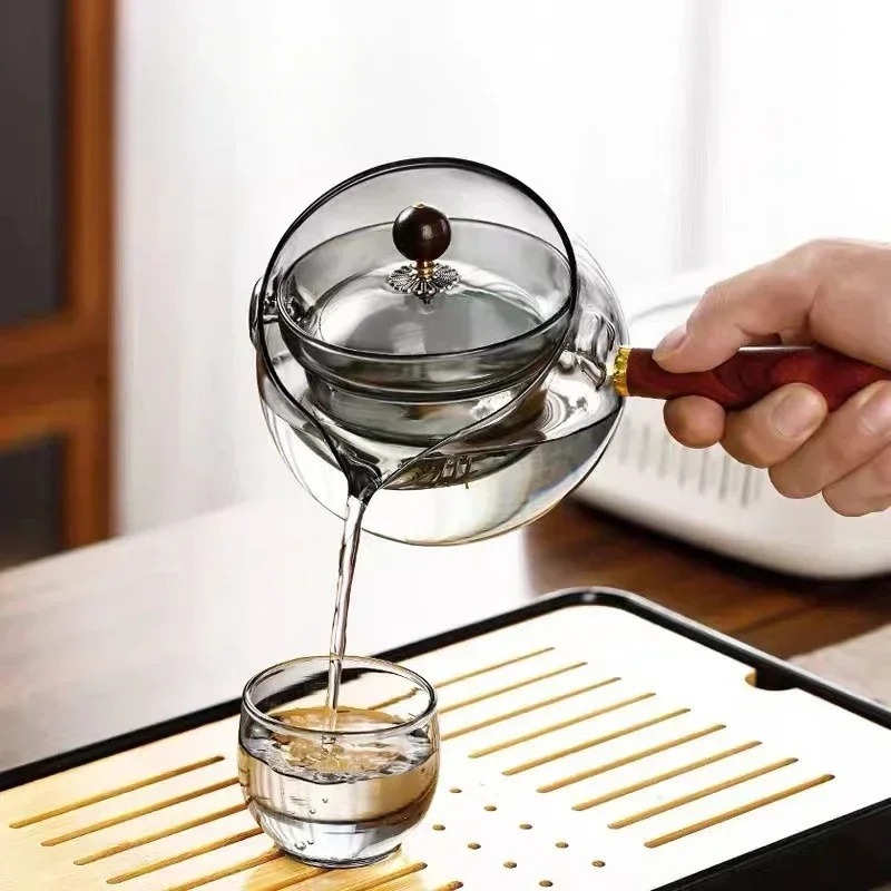 Semi-automatic Rotary Heat-resistant Glass Teapot Lazy Tea Making With Infuser And Wooden Handle Office Home Accessories Kitchen Gadgets - Image 9