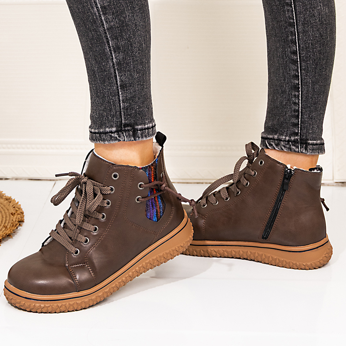 PU Casual Shoes With Front Laces, Winter Cotton Boots - Image 12