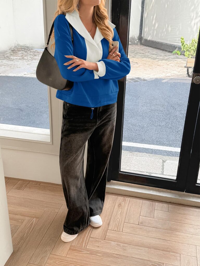 Fisoew Womens Cropped Oversized Sweatshirt Casual Lapel V Neck Long Sleeve Contrast Drawstring Loose Fit Fall Pullover Tops