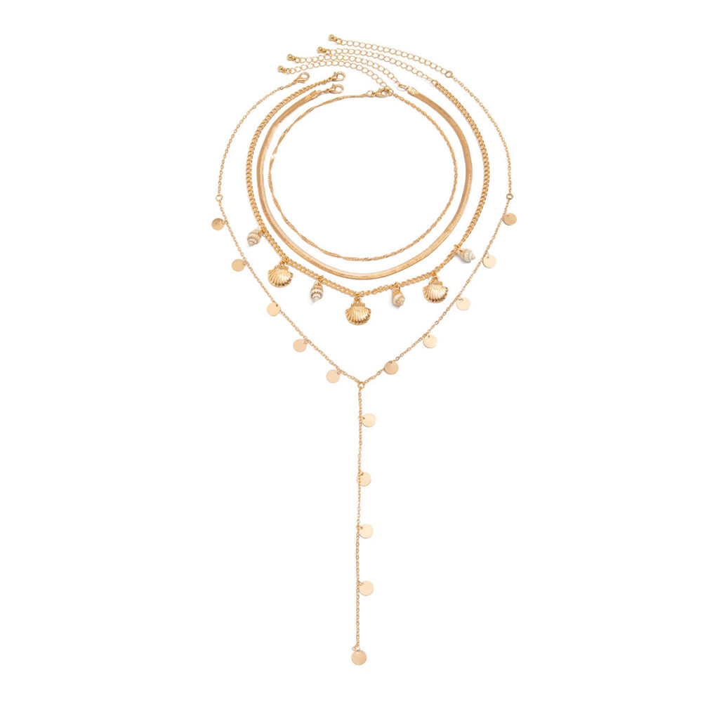 Vacation Fan Seashell Sequin Chain Stacked Collarbone Necklace