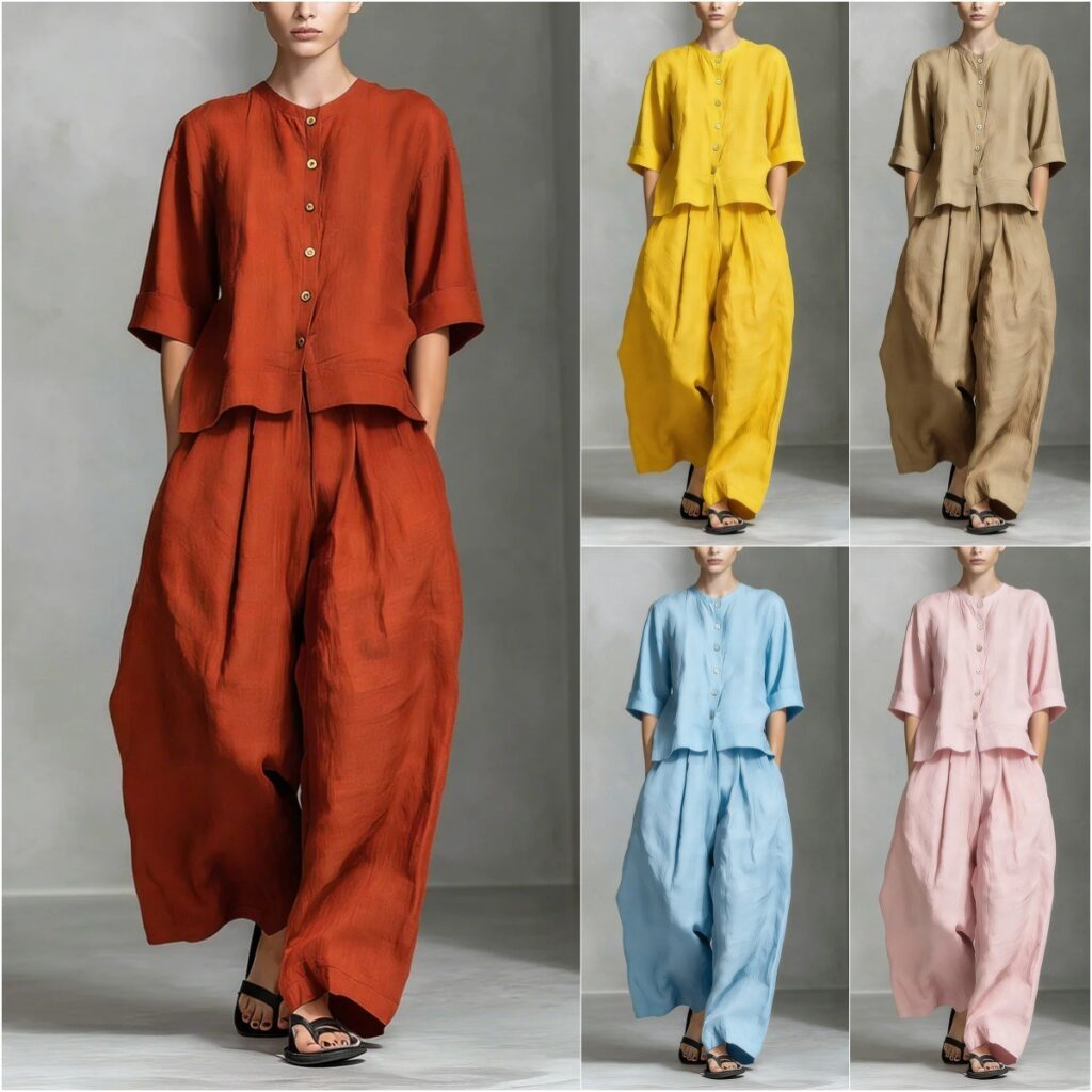 Solid-color Cotton-linen Shirt And Loose-fitting Trousers Two-piece Set