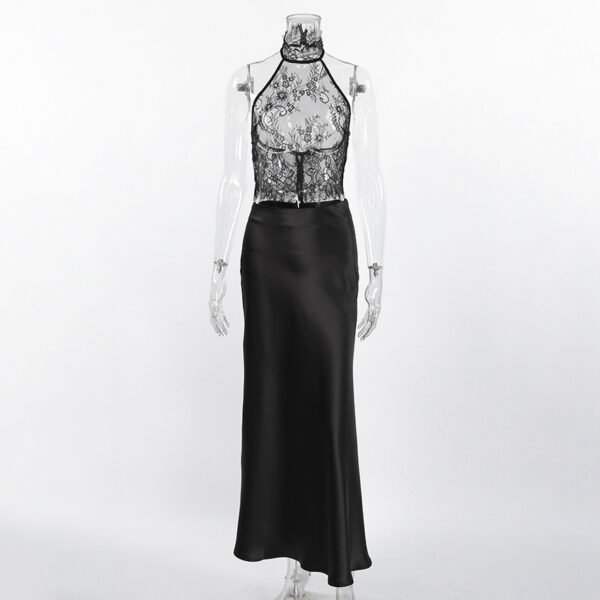 Black Lace Sheer Halter Top And Satin High-waisted Skirt Two-piece Set - Image 6