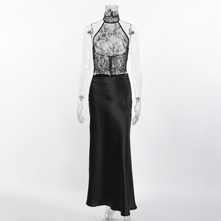 Black Lace Sheer Halter Top And Satin High-waisted Skirt Two-piece Set - Image 6