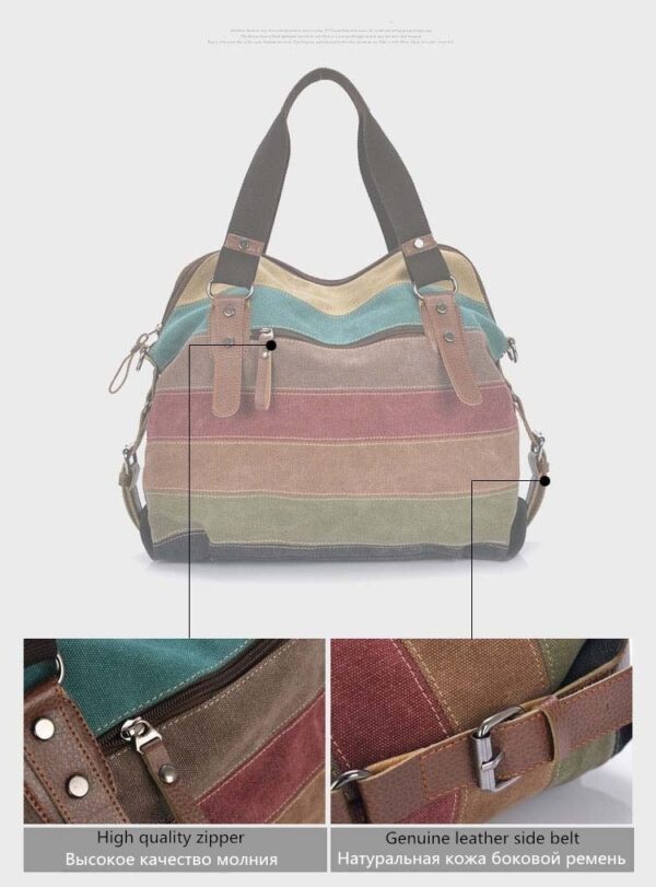 KVKY Brand Fashion Canvas Bag Brand Women Handbag Classic Patchwork Casual Female Shoulder Bags Striped Rainbow Purse Pouch - Image 10