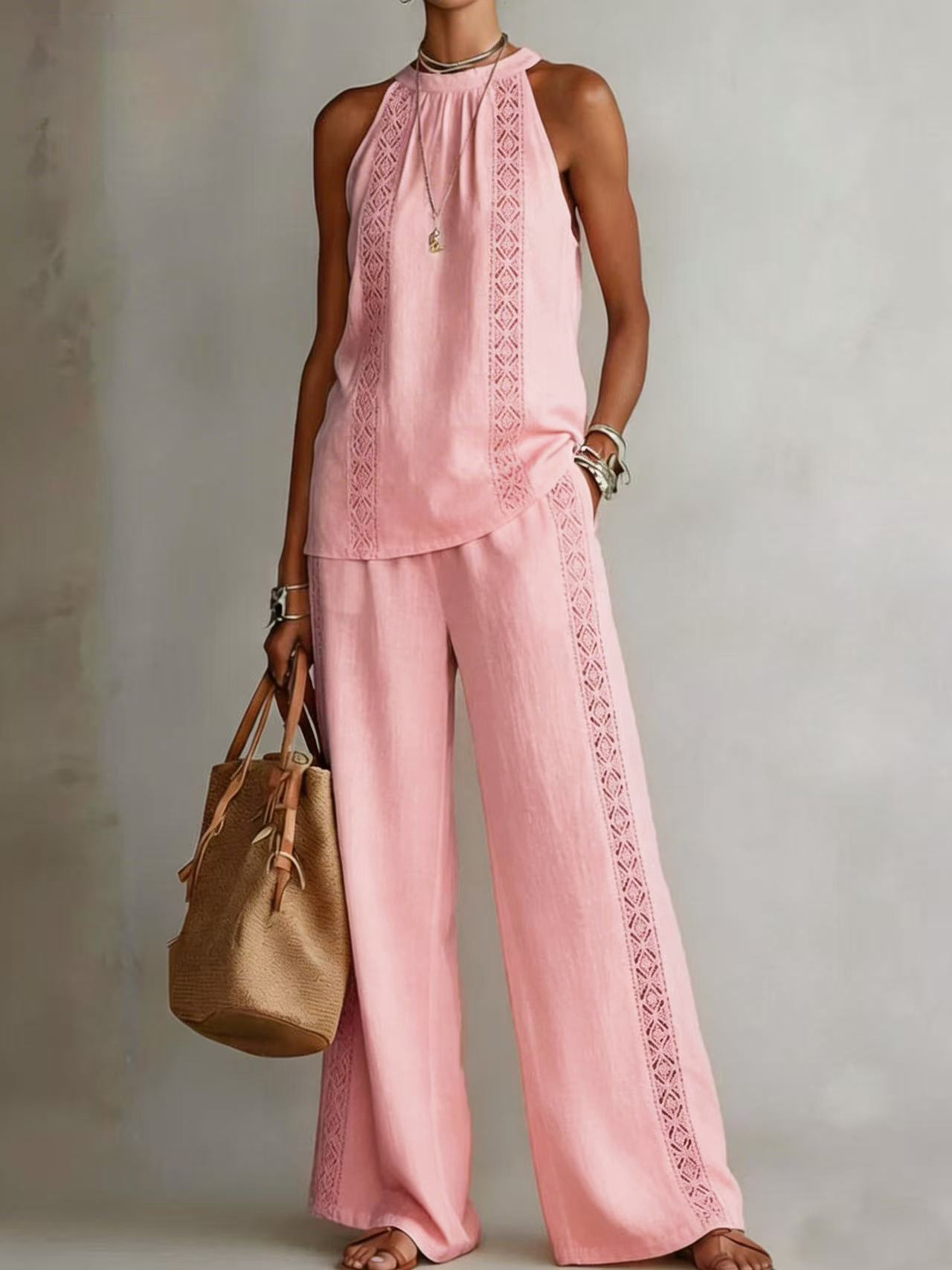 Womens Retro Lace Sleeveless Top And Wide-Leg Pants Two-Piece Set - Image 9