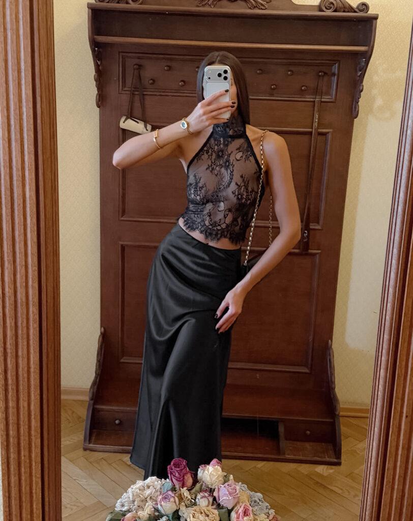 Black Lace Sheer Halter Top And Satin High-waisted Skirt Two-piece Set