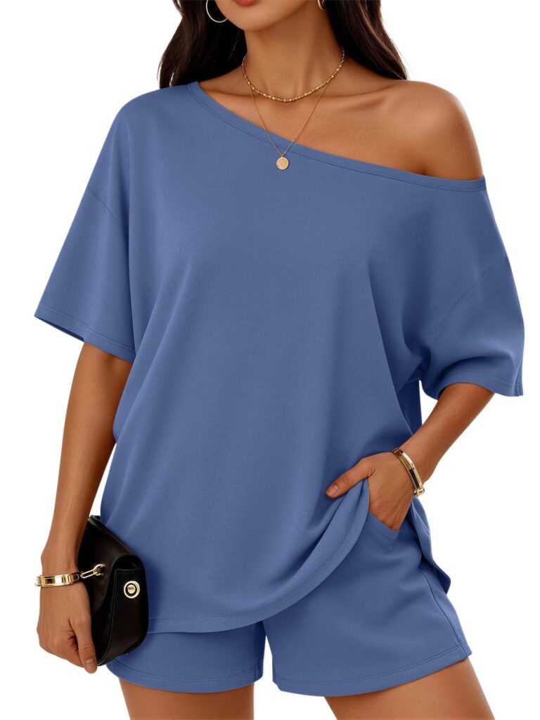 Womens 2-piece Fashionable Casual Set Slant-Neck Top And Shorts