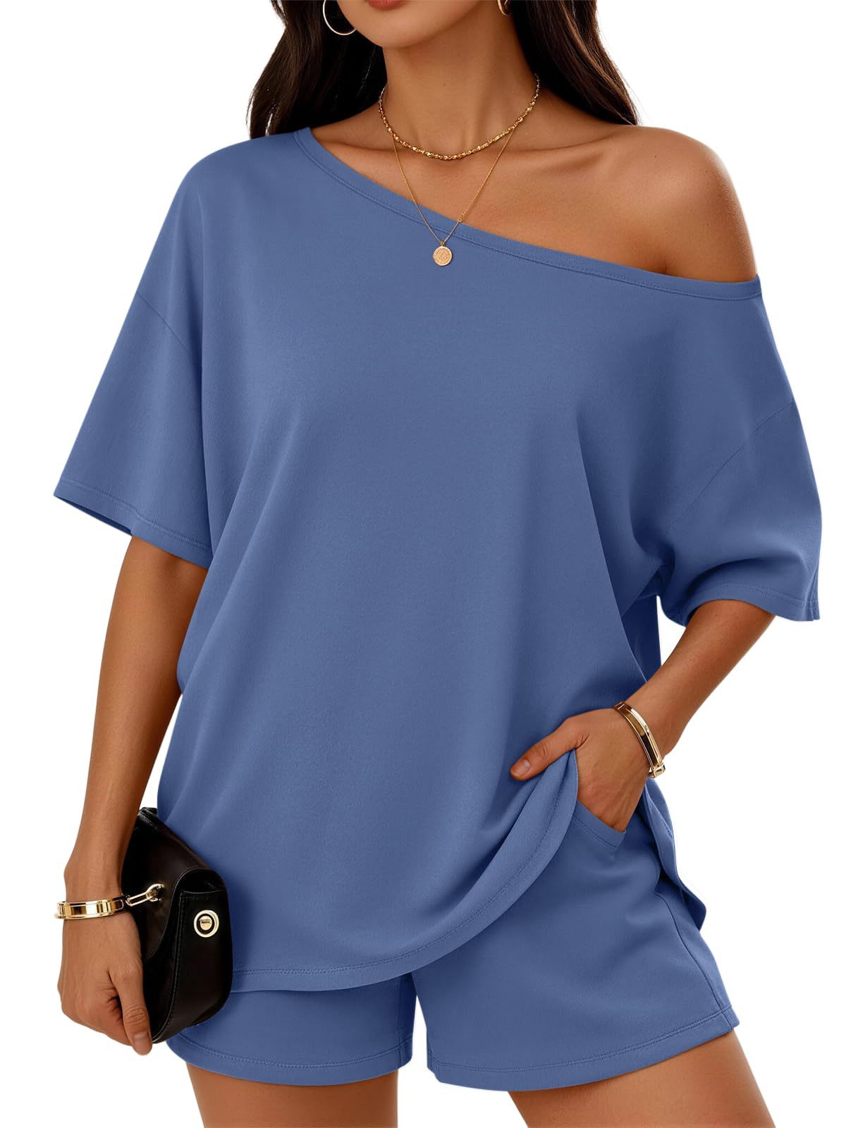 Womens 2-piece Fashionable Casual Set Slant-Neck Top And Shorts - Image 24