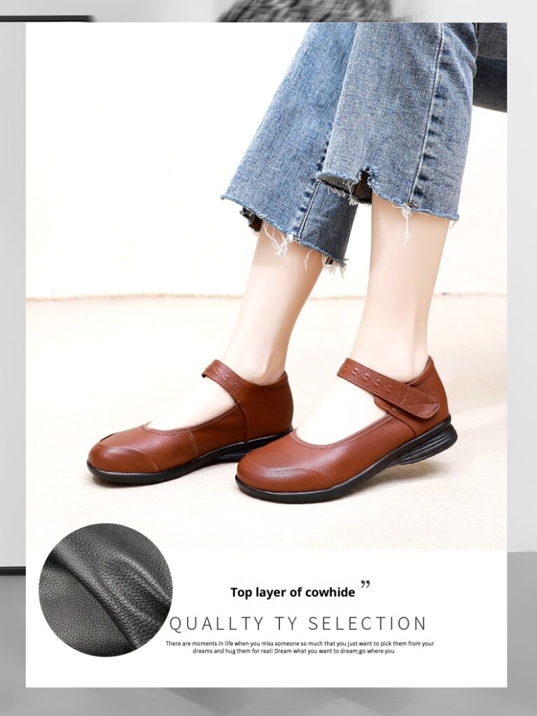 Genuine Leather Single-Strap Velcro Closure Plus-Size Round-Toe Flat Shoes
