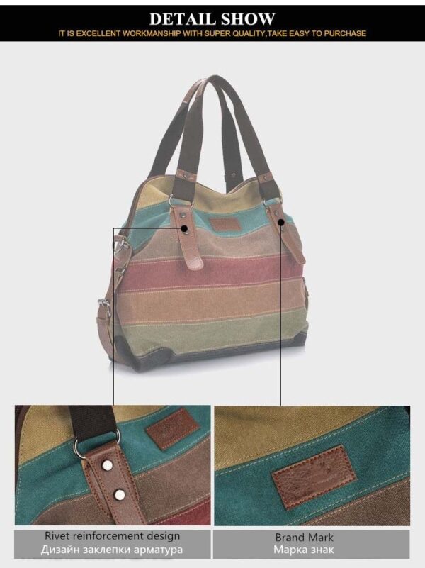 KVKY Brand Fashion Canvas Bag Brand Women Handbag Classic Patchwork Casual Female Shoulder Bags Striped Rainbow Purse Pouch - Image 4