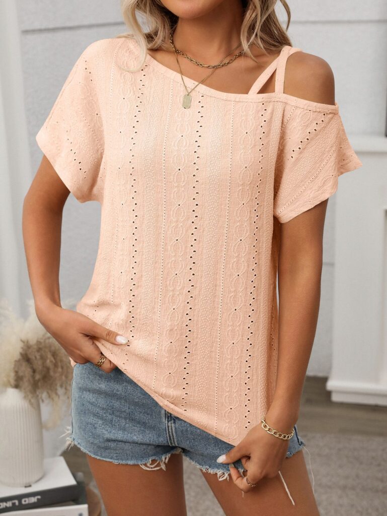 One-shoulder Short-sleeve T-shirt Hollow-out Top For Women