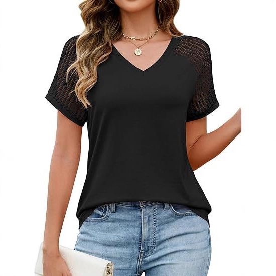Loose-fitting Hollow-out Mesh Panel V-neck Short-sleeve Top - Image 6