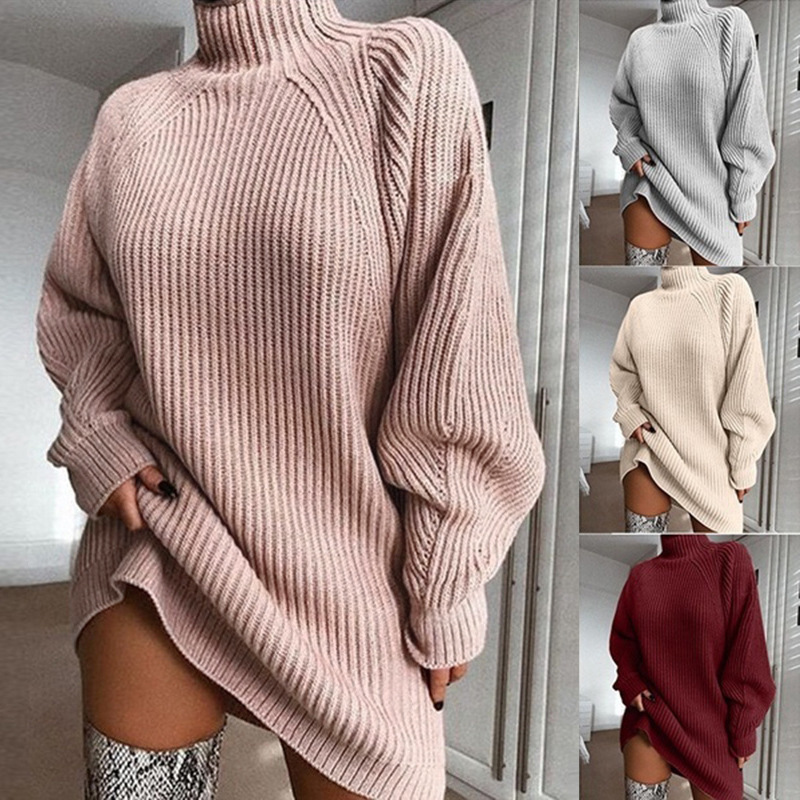 Solid Turtleneck Long Sweater Winter Warm Women Sweater Dress - Image 1