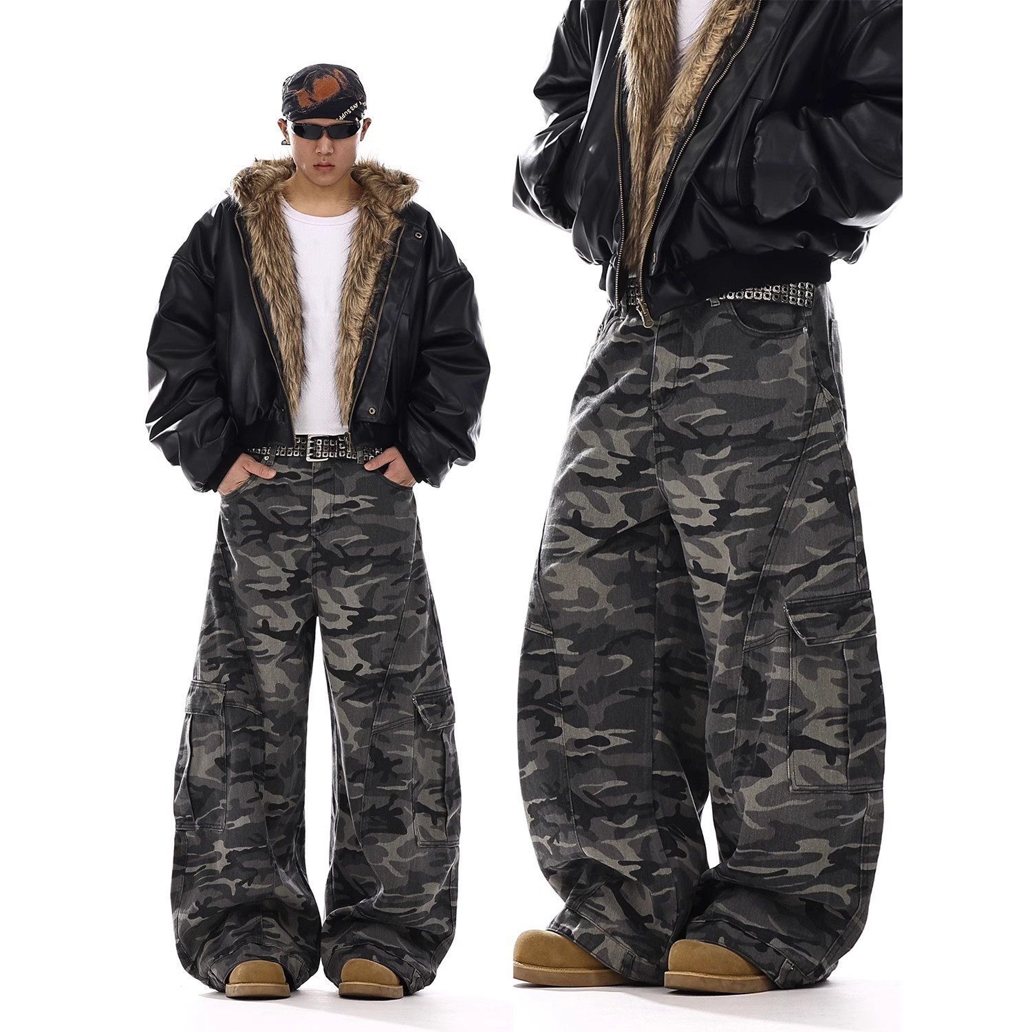 American-style Vintage Camouflage Machete-cut Jeans For Men - Image 1