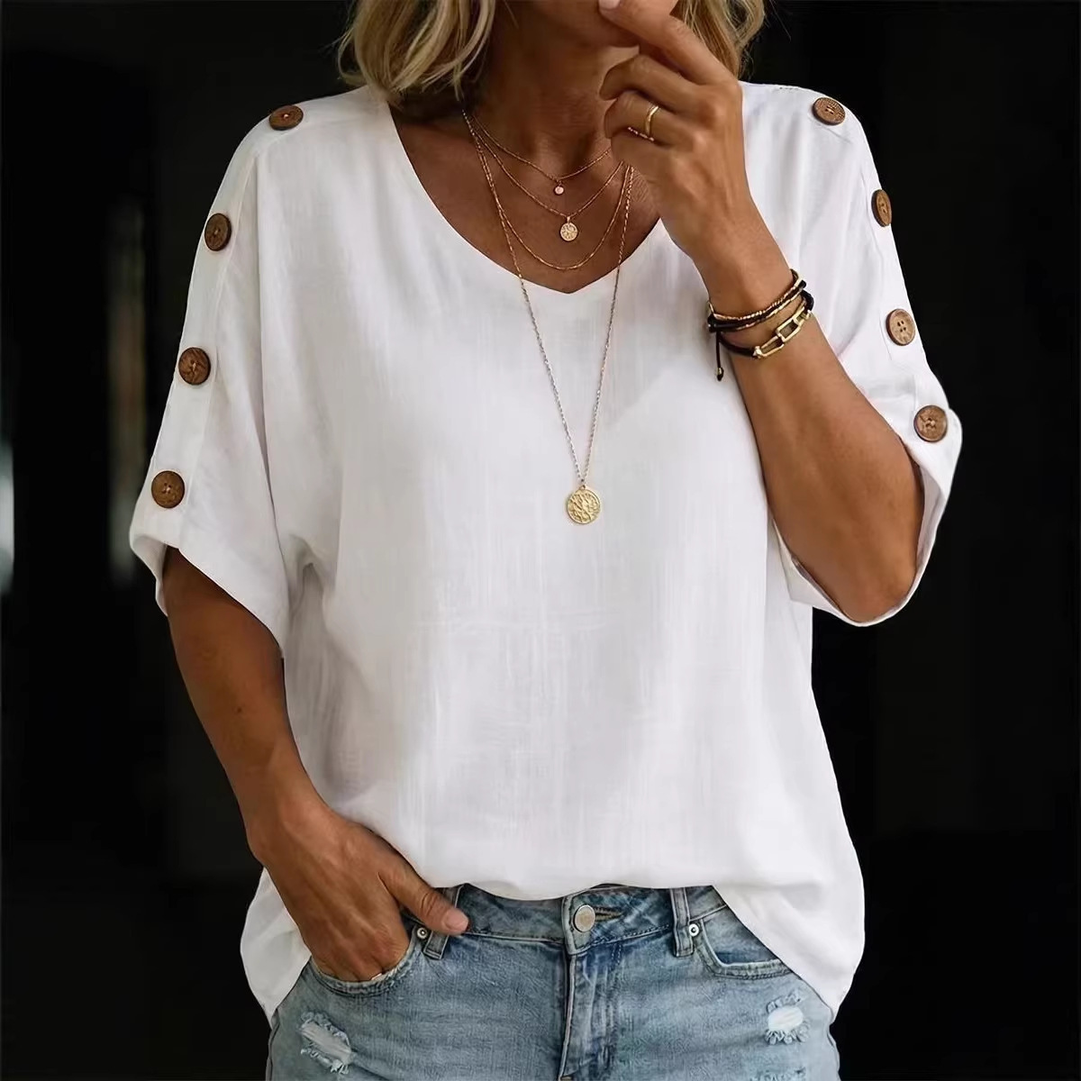 Casual Fashion Buttoned Crew-Neck Pullover Womens T-Shirt - Image 1