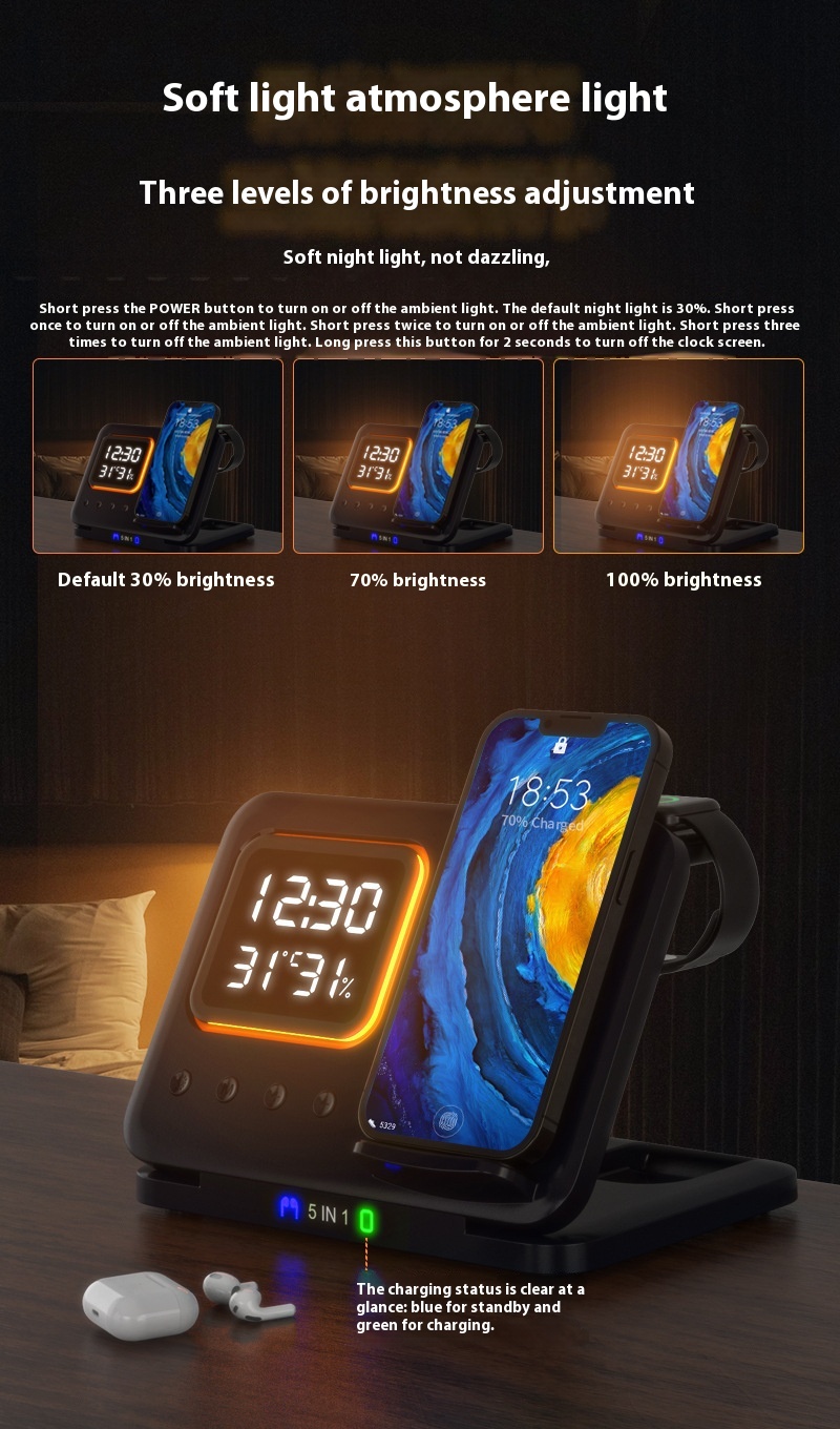 15W Wireless Chargers Stand 5 In1 LED Digital Alarm Clock Fast Charging Dock Station - Image 15