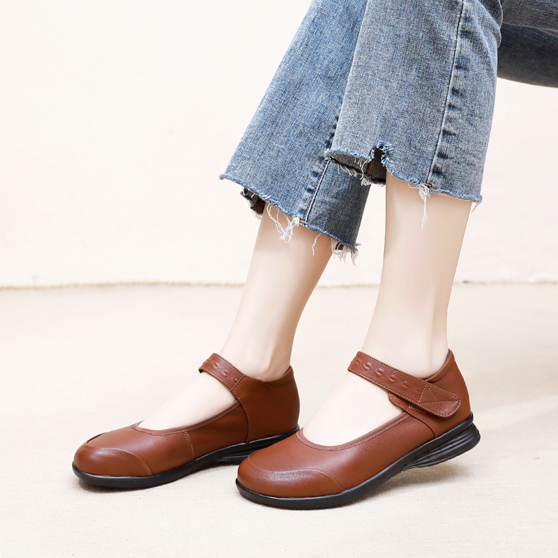 Genuine Leather Single-Strap Velcro Closure Plus-Size Round-Toe Flat Shoes - Image 25