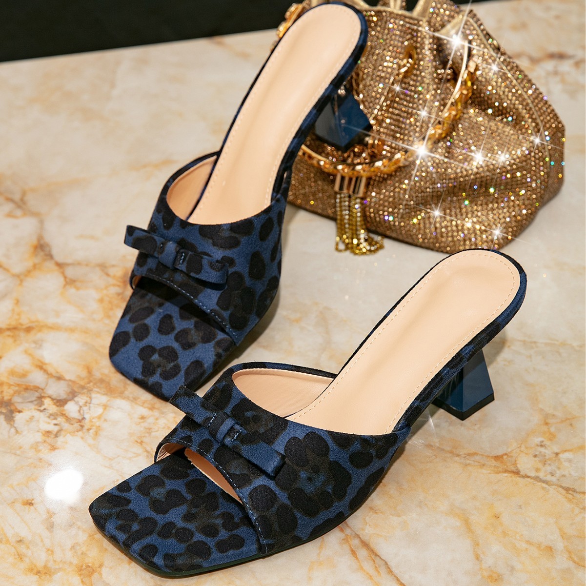 Womens Square-toe, Open-toe Leopard-print Chunky-heel Shoes - Image 1