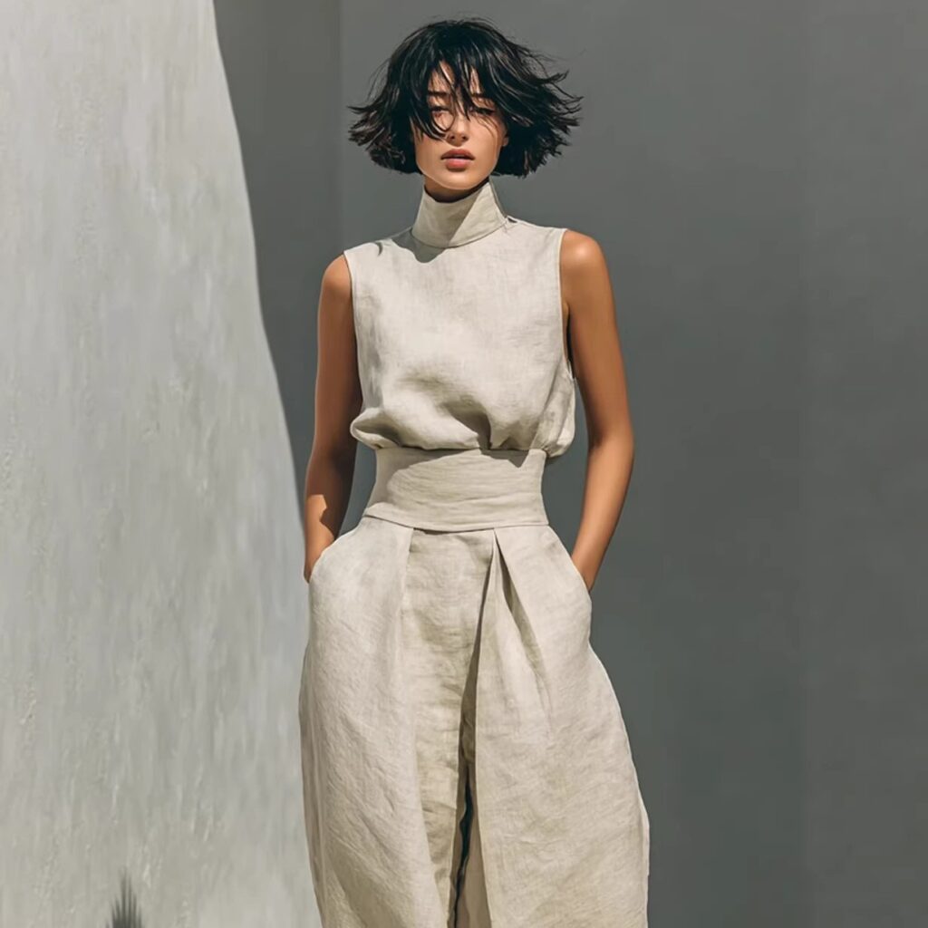Womens Simple Cotton-Linen Blend Sleeveless Top And Wide-Leg Pants
