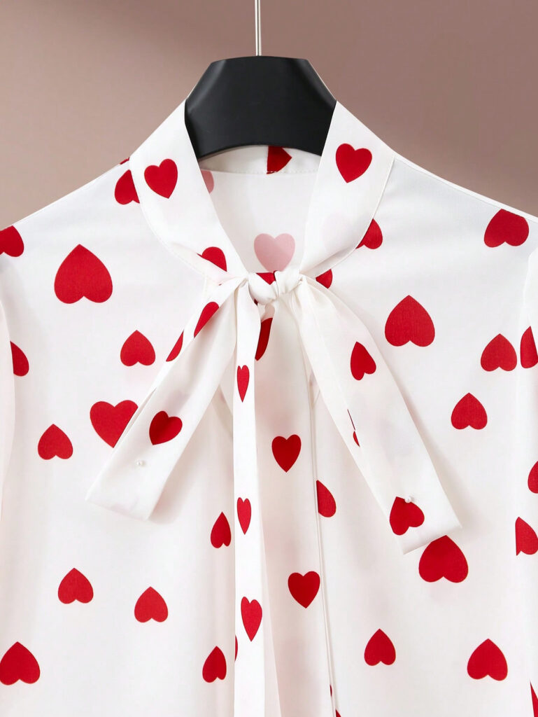 Printed Collared Ruffle-Trimmed Long-Sleeve Womens Shirt