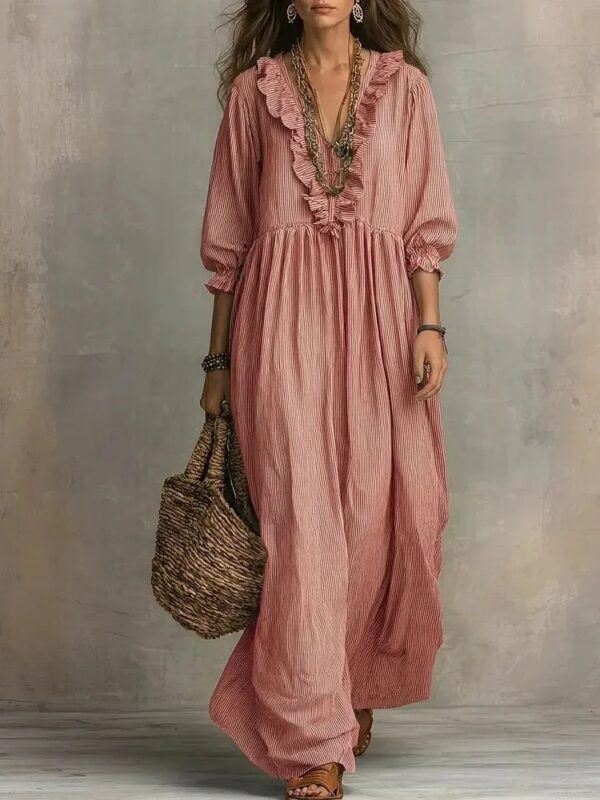 Womens Striped Ruffle-Trimmed Loose High-Waist V-Neck Dress - Image 2