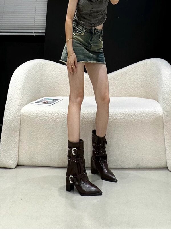 High-heeled Elegant Shaft-style Studded Belt-buckle Fashion Ankle Boots - Image 16