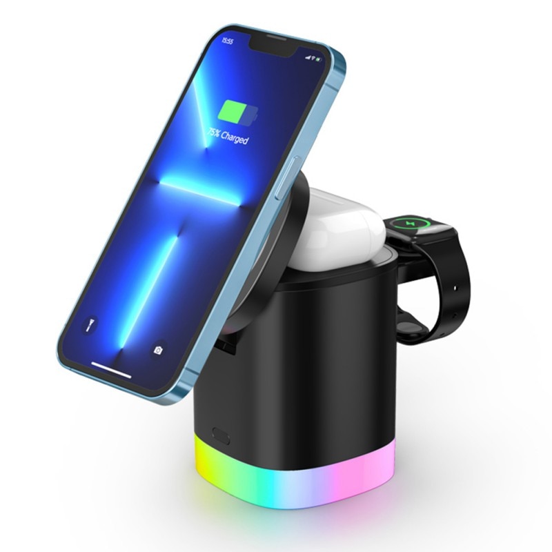 3 In 1 Magnetic Wireless Fast Charger For Smart Phone RGB Ambient Light Charging Station For Airpods IWatch - Image 17