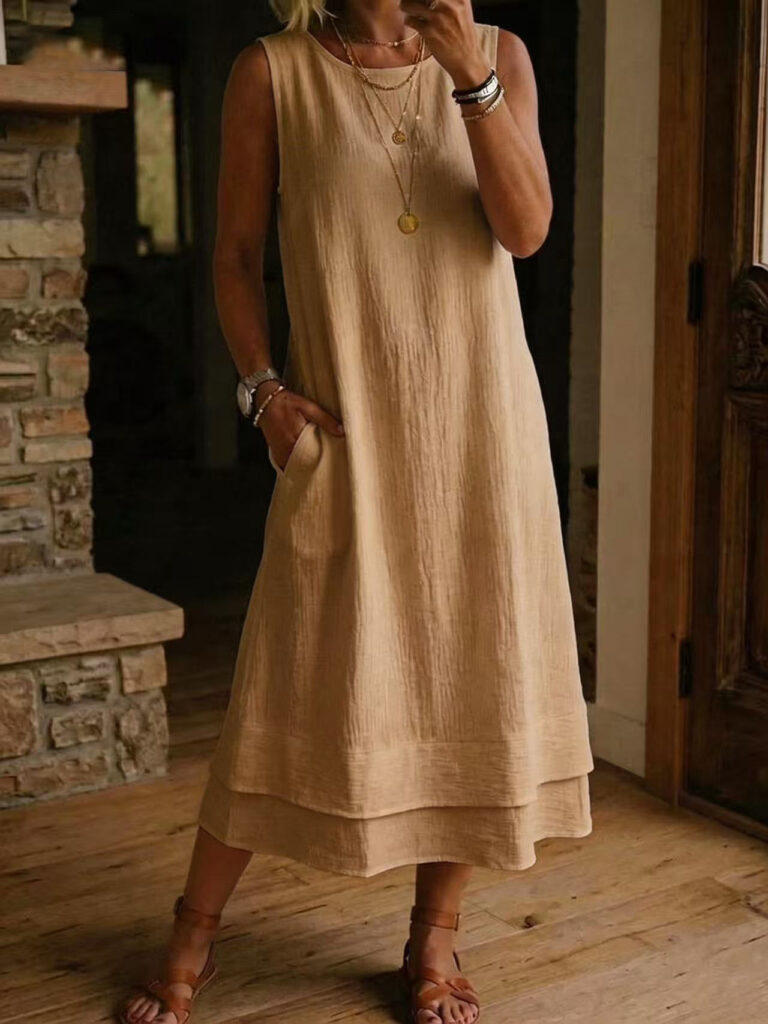 Women's Fashion Casual Cotton-Linen Crew-Neck Sleeveless Dress