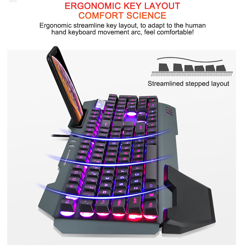 ErgonomicWired Gaming Keyboard with RGB Backlight Phone Holder - Image 6