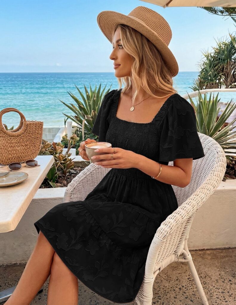 Short-sleeve Square-neck Flowy Floral Dress