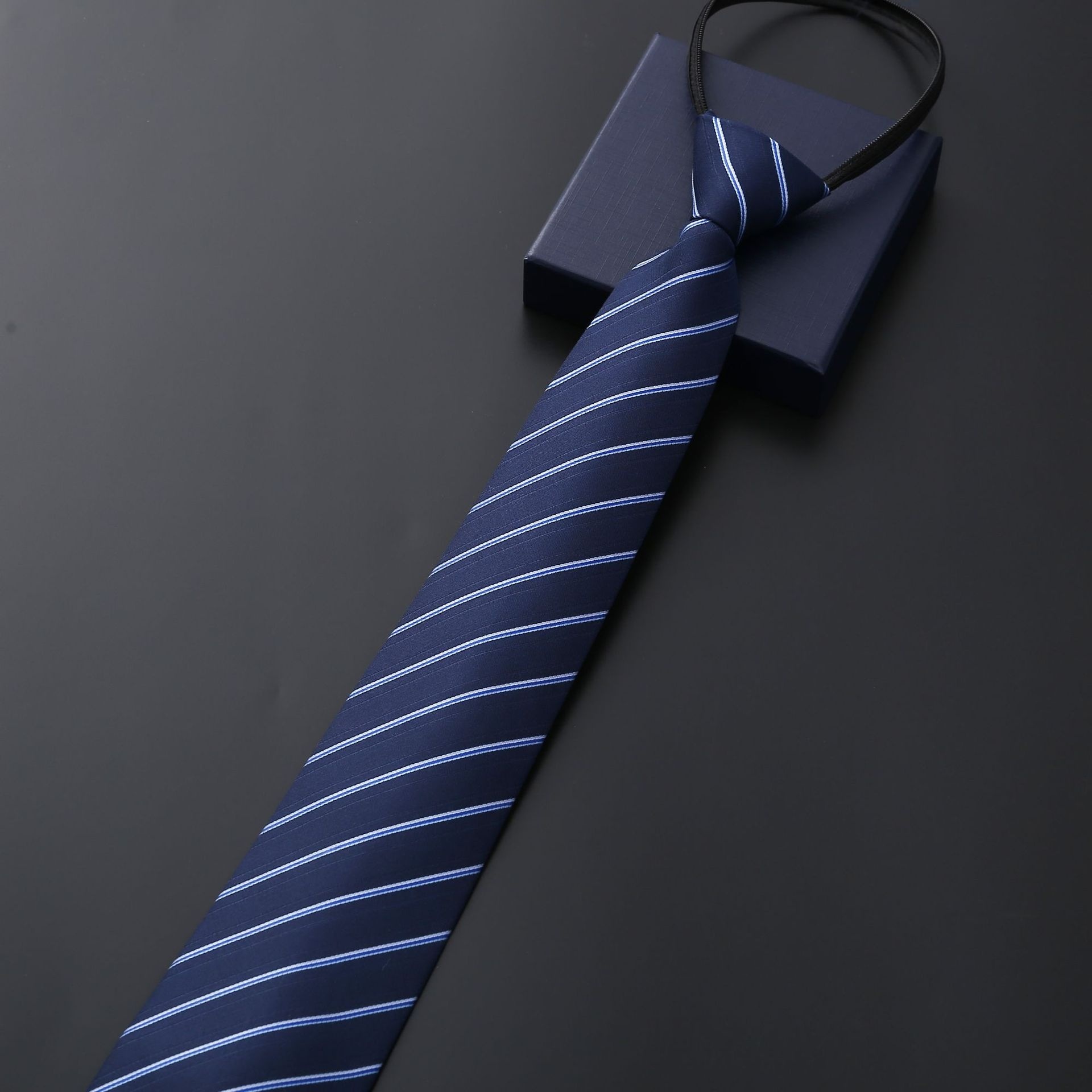 Mens Business Formal Zipper Tie With Blue Stripes - Image 4