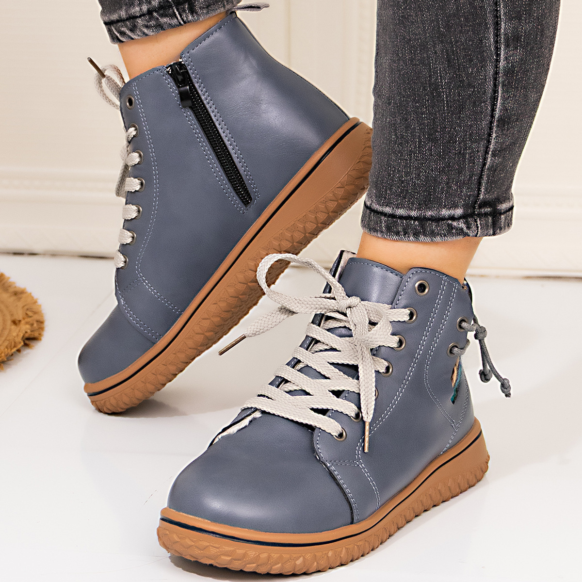PU Casual Shoes With Front Laces, Winter Cotton Boots - Image 6