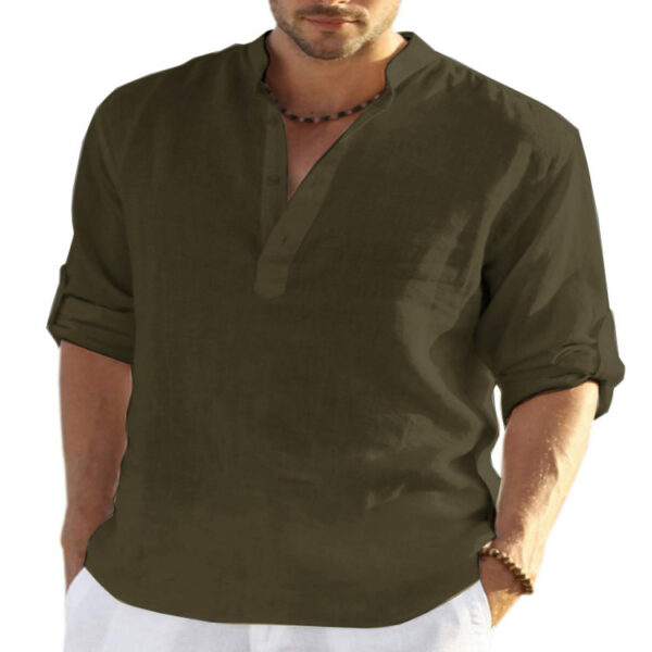 Men's Casual Cotton Linen Solid Color Long Sleeve Shirt Loose Stand Collar - Image 12