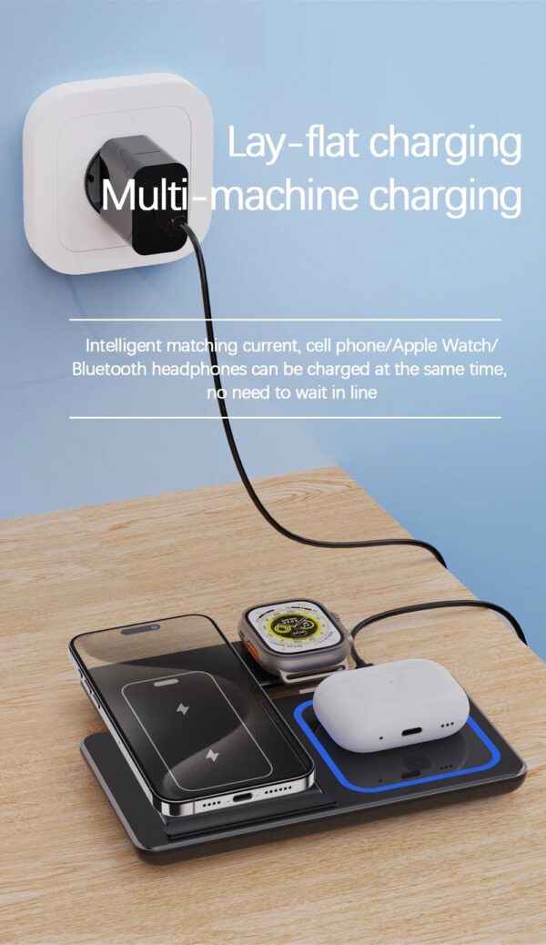 15W 3 In 1 LED Fast Wireless Charger Stand Foldable Charging Station For Smart Phone 15 14 13 12 11 IWatch 9 8 7 6 5 Airpods Pro - Image 9