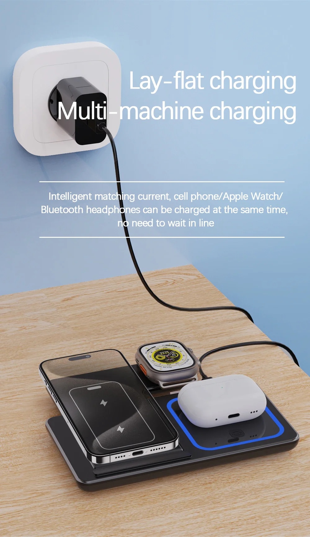15W 3 In 1 LED Fast Wireless Charger Stand Foldable Charging Station For Smart Phone 15 14 13 12 11 IWatch 9 8 7 6 5 Airpods Pro - Image 9