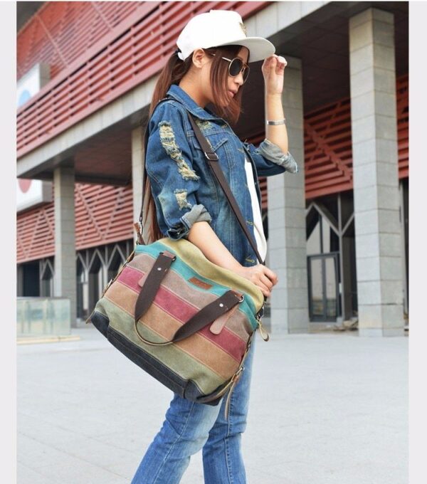 KVKY Brand Fashion Canvas Bag Brand Women Handbag Classic Patchwork Casual Female Shoulder Bags Striped Rainbow Purse Pouch - Image 1