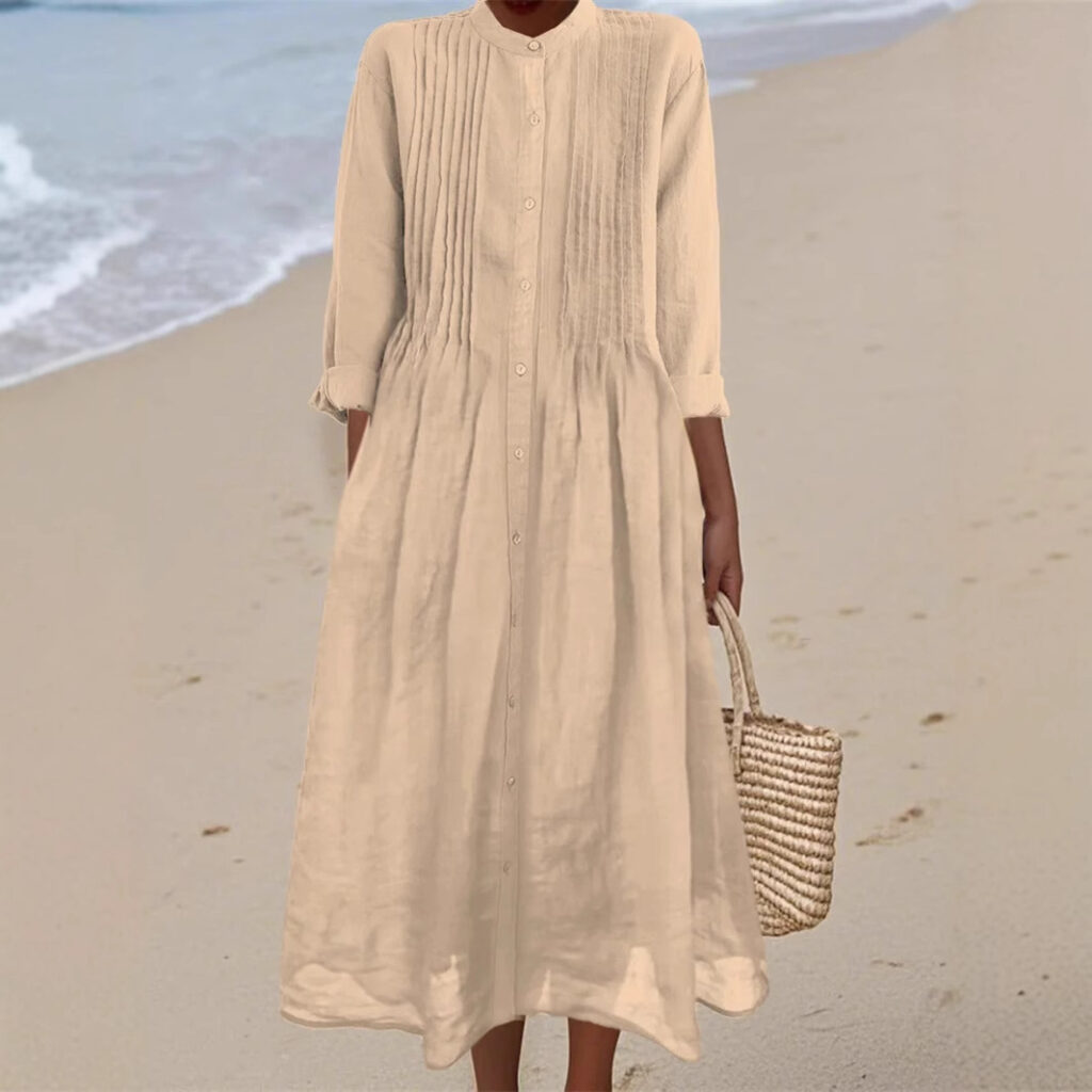Long-sleeve Cotton-linen Womens Dress With A Shirt Collar