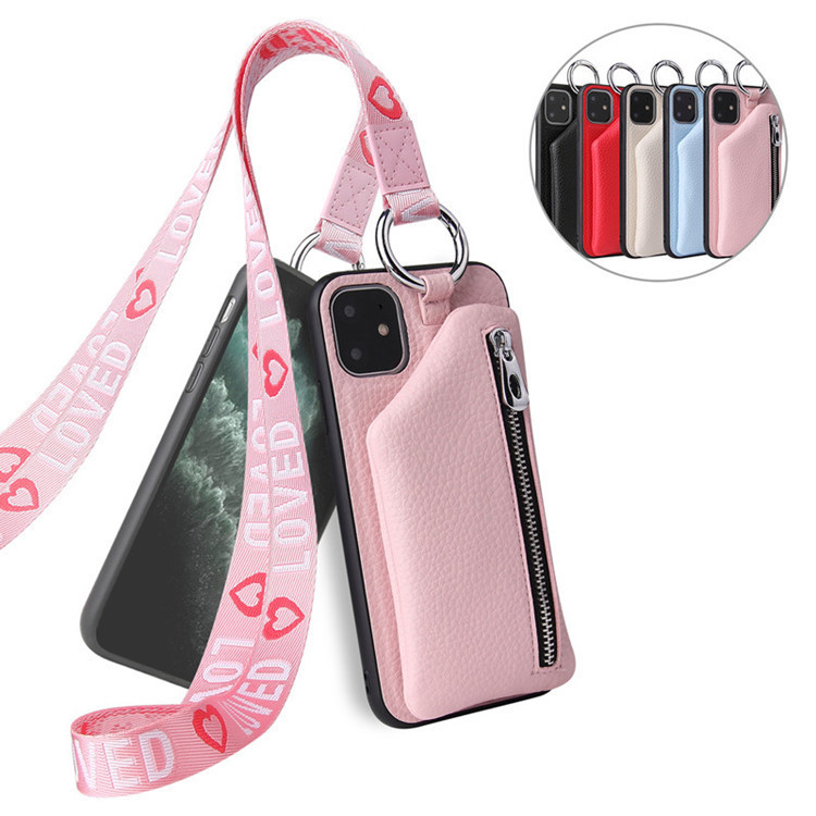 PU Leather Strap Cord Coin Purse Phone Cases Crossbody Neck Lanyard Wallet Cover - Image 7