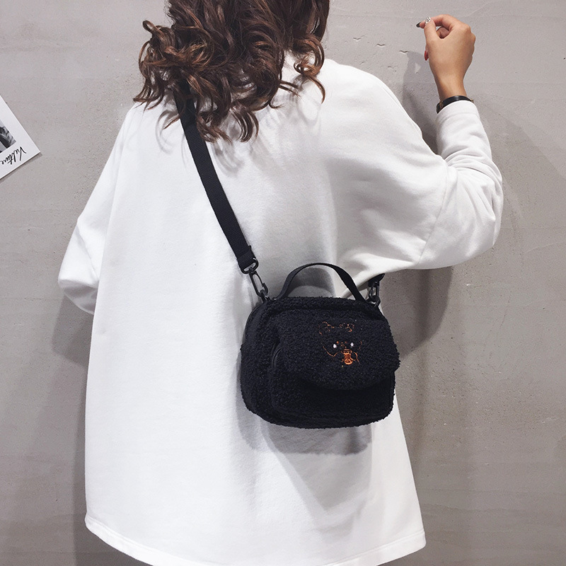 Women Mini Plush Shoulder Bag Female Small Canvas Cross Body Bags Ladies Embroidery Zipper Cloth Purse Mobile Phone Bag Tote - Image 3